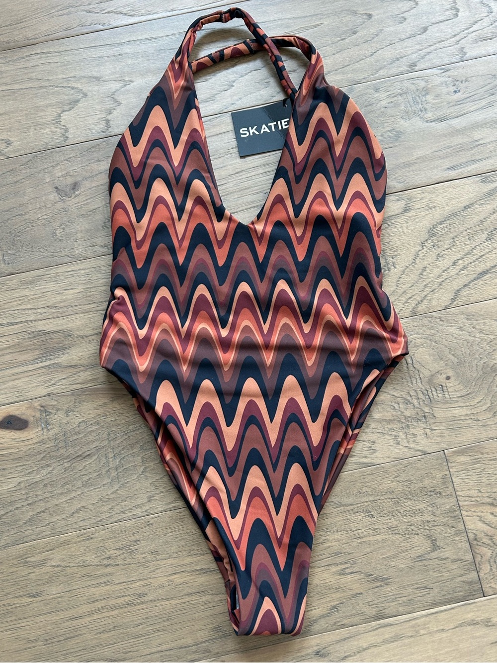 Skatie Chevron Print One Piece Swimsuit Retro Rust Brown Black Womens XS NWT